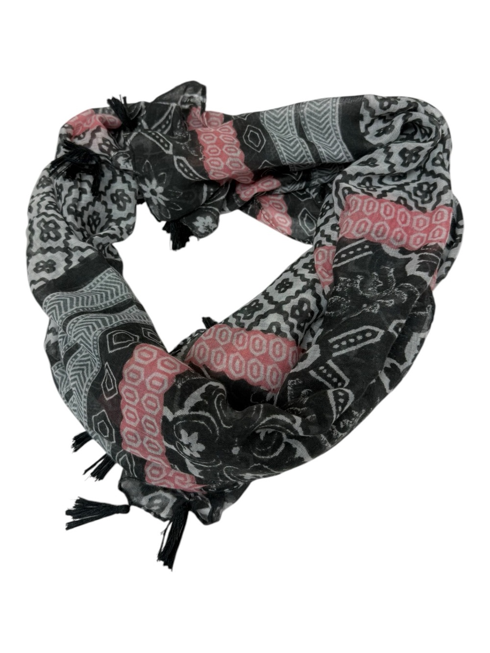 Boho Geometric Tribal Print Tassel Scarf Black Pink Festival Lightweight Wrap